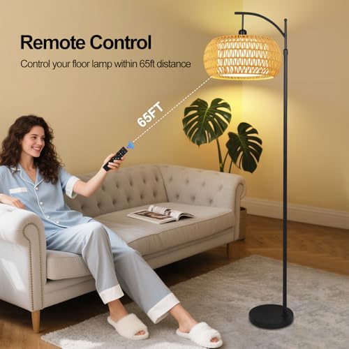 Yellow Rattan Boho Floor Lamp with Remote Control Dimmable LED Tall Lamp for Living Room