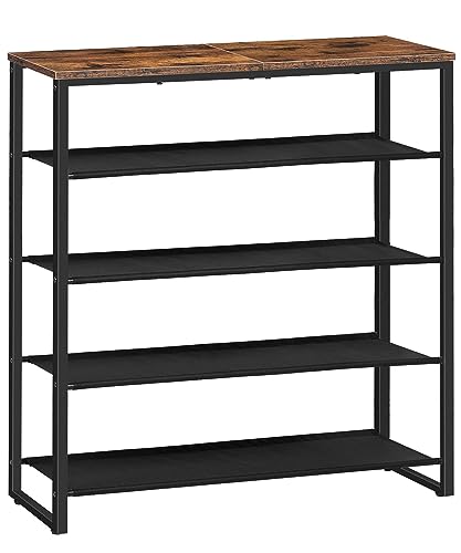 5-Tier Shoe Rack Organizer with Oxford Fabric Shelves and Rustic Brown Top Panel - 29.5 x 11.2 x 29.5 Inches, Black & Brown Variation