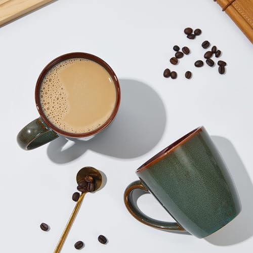 Pokini 14oz Coffee Mug Set of 4 - Artisan Glazed Ceramic Cups for Latte Tea Cappuccino, Brown Green
