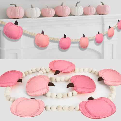 Fall Felt 3D Pumpkin Garland Pink Pumpkin Garland and Wood Bead for Fall Decor Autumn Decorations for Home Fall Pumpkin Banner for Mantle Home Wall Decor