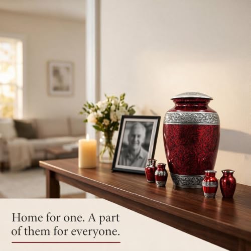 Solace Forever Red Cremation Urn Set of 6 for Adults - Includes Large & Keepsake Urns + Necklace
