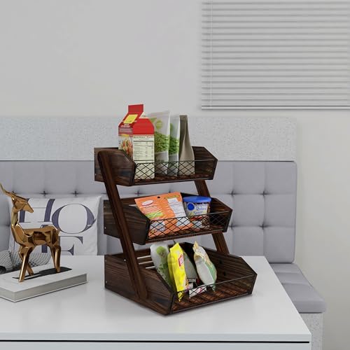 Dorhors 3-Tier Fruit Basket for Kitchen Counter Organizer, Metal Mesh & Wood Stand