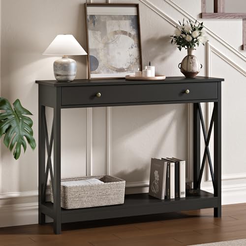Treocho Black Console Table with Drawer & Shelves - 40.1" Wide Entryway Sofa Table