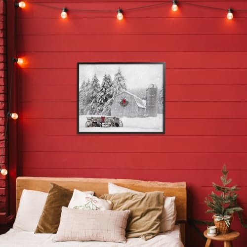 Snowy Farmhouse Landscape Framed Giclée Wall Art - Black Frame, 16x20" - Holiday Decor