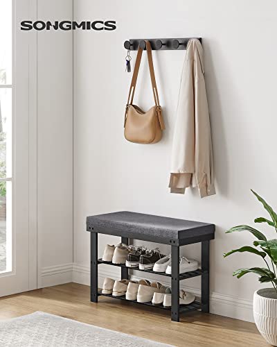 SONGMICS Bamboo Shoe Bench 3-Tier Shoe Rack with Padding - Ink Black + Slate Gray, 28.3W