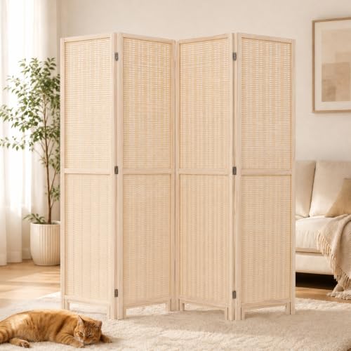 Beige Bamboo Room Divider 67-inch, 4-Panel Freestanding Wooden Screen, Versatile Partition