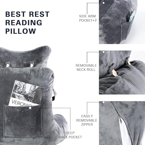 Extra Large Reading Pillow with Neck Roll - Dark Grey Bed Rest Cushion for Bed & Couch