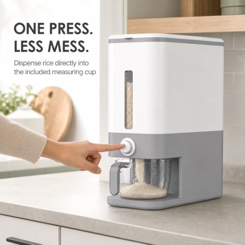 Grey 25 Lb Rice Dispenser with Measuring Cup - Airtight Grain Container
