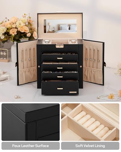 Large Jewelry Box for Women with Lock - 5-Layer Organizer, Black & Gold