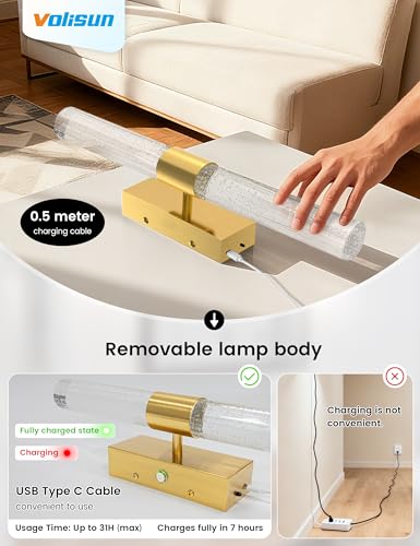 VOLISUN Gold Battery Operated Wall Sconces Set of 2, Wireless Rechargeable Wall Lights with Remote, Dimmable, 3 Color Temps, 15.3 inch