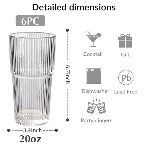 Large 20oz Ribbed Glass Tumbler Set - Vintage Clear Drinkware for Water, Iced Coffee, Beer, Tea, Latte - Housewarming Gift