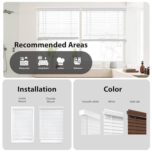 Cordless Faux Wood Window Blinds - 72x48 White, Child & Pet Safe