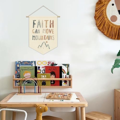 Christian Kids Wall Art Canvas Banner,Faith Can Move Mountains,Bible Verses Wall Hanging Pennant Flag Canvas Banner for Playroom Classroom Baby Kids Bedroom 15x11in