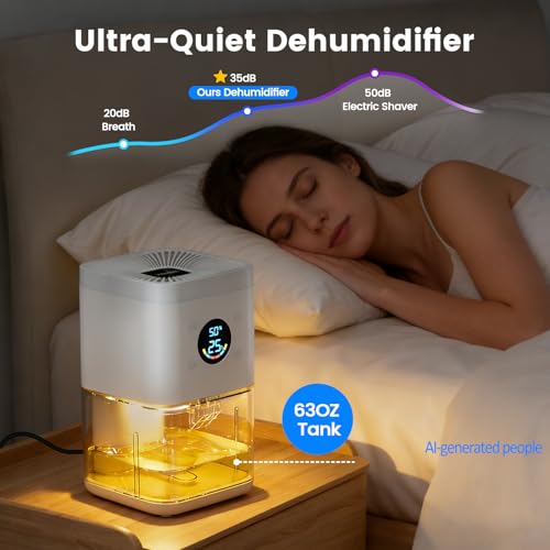 Semzodax White Small Dehumidifier 63oz Quiet Auto & Continuous Mode for Bedroom, Bathroom, Closet, RV