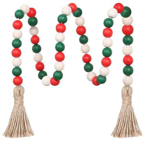 Christmas Wood Bead Garland,39in Farmhouse Beads with Tassels Tiered Tray Decor Wall Hanging Home Ornaments for Christmas Tree Decorations