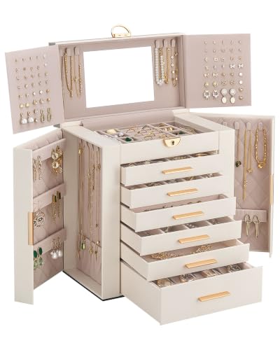 Large 7-Layer Jewelry Box Organizer with 6 Drawers - Beige, 11.4" W