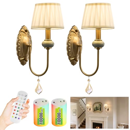 Wireless Antique Brass Wall Sconces Set of 2 with RGB Dimmable LED Bulbs