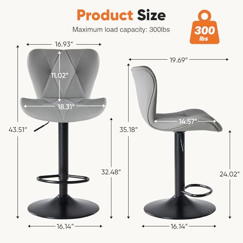 Sweetcrispy Set of 2 Grey Adjustable Faux Leather Bar Stools with Swivel
