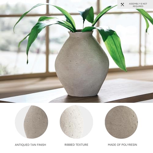 Signature Design by Ashley 12-Inch Tan Ribbed Resin Decorative Vase - Handcrafted Look