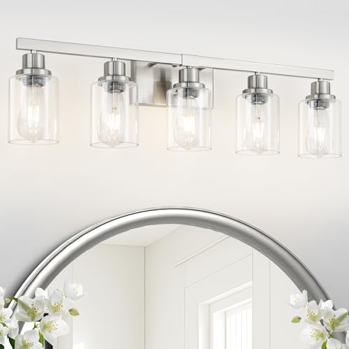 Nickel Bathroom Vanity Light 5-Light Modern Wall Sconce with Clear Glass Shades — Ideal for Mirror, Bedroom, Living Room - Variation of Nickel / 5-Light