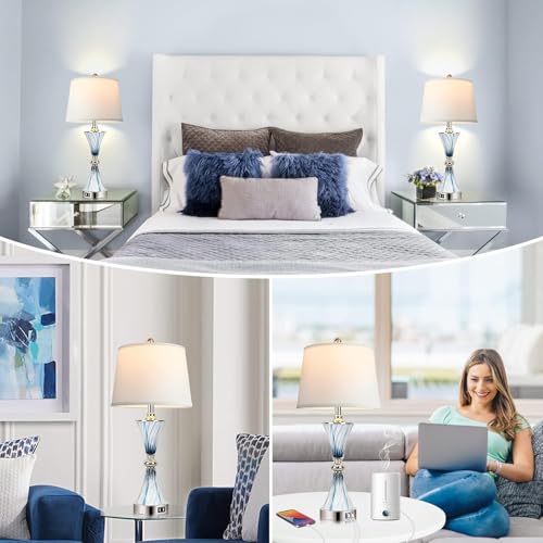 Blue Dimmable Touch Glass Table Lamps with USB Ports - Set of 2 for Bedroom Decor