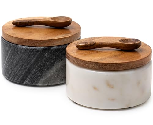 Marble Salt and Pepper Bowls Set with Wooden Lids & Spoons – Elegant Kitchen Accessories