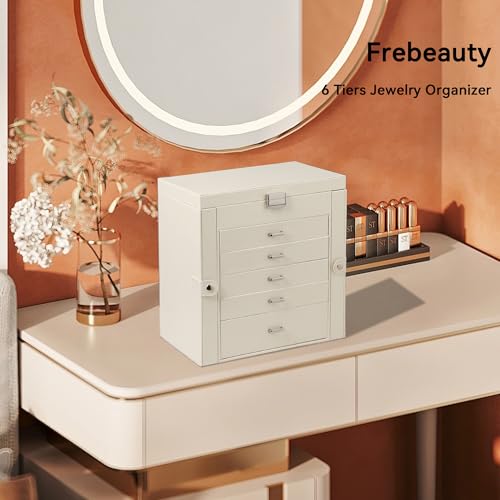 Pearl White 6-Layer Jewelry Box for Women, Large Organizer with Mirror & Drawers