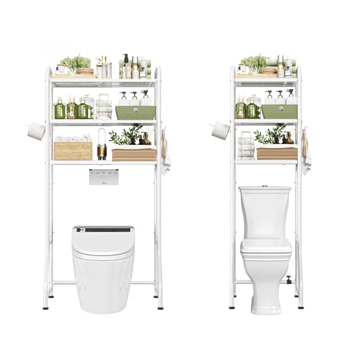 White Expandable Over-the-Toilet Storage Rack with 3 Shelves & Hooks