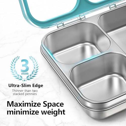 Blue Stainless Steel Bento Lunch Box 3-Compartment 34oz - Leakproof, Food Safe