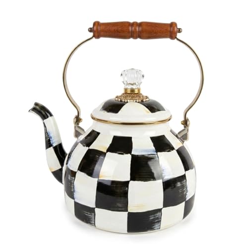 Checkered Black and White Tea Kettle - 2.5 Quart Stovetop Enamel Teapot with Wooden Handle