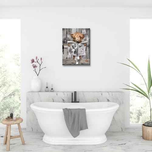 Animal Bathroom Wall Decor Highland Cow Canvas Art Farmhouse Artwork for Walls Cow Bathroom Picture Sitting in Toilet Reading Newspaper Painting Restroom Decoration
