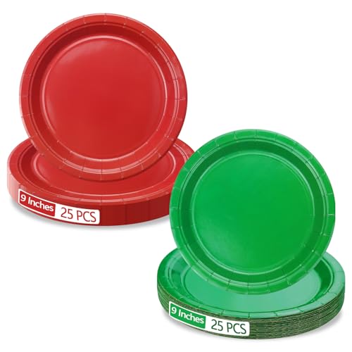 50 Pcs Christmas Paper Plates Red and Green 9 Inch Party Dinnerware