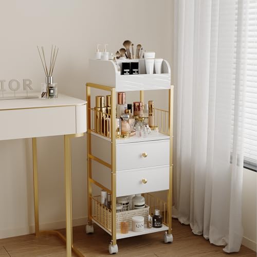 Makeup Organizer Storage Cart with Drawers - Gold, Large Capacity & Rotating Casters