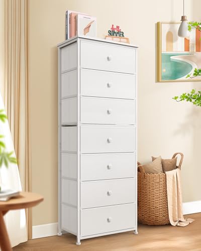 White Tall Fabric Dresser with 7 Large Drawers, Vertical Storage Tower for Bedroom & Closet