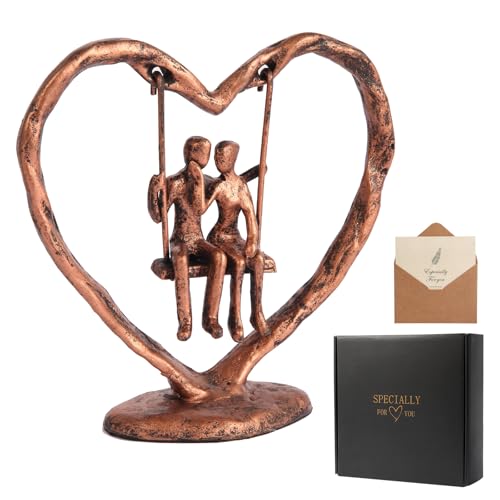 Antique Copper Wedding Anniversary Couple Sculpture - Heart Swing Figurine Gift