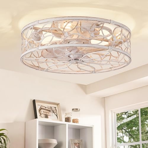 LEDIARY White Gold Caged Ceiling Fan with Light, Remote Control & Quiet Motor
