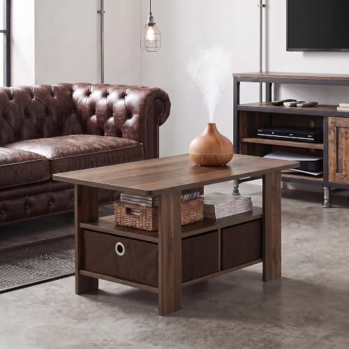 Furinno Andrey Coffee Table with Bin Drawer - Columbia Walnut/Dark Brown, 2 Bins