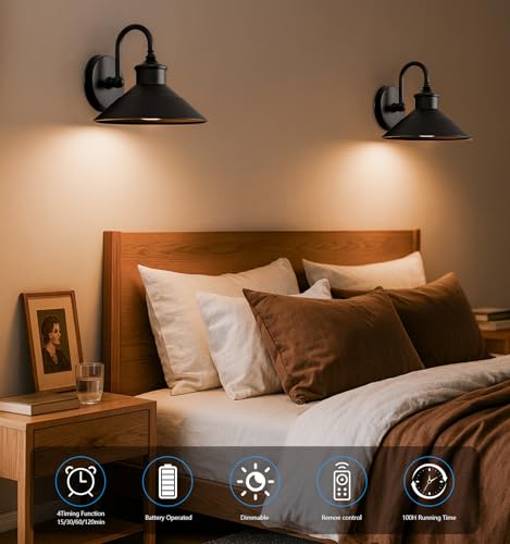 Battery Operated Wall Sconces Set of 2 - 9.5 Inch, 3 CCT Modes, Dimmable, Remote Control, Vintage Black