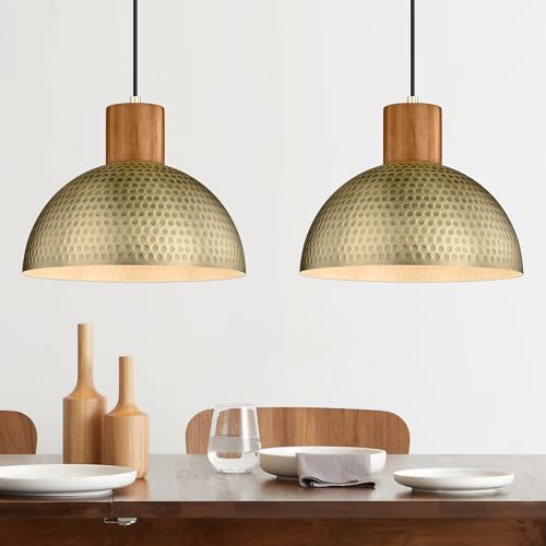 Brass 2 Pack Hammered Pendant Lights - 12” Vintage Metal & Wood Dome Hanging Lamps for Kitchen, Dining, Island, Farmhouse, Hallway