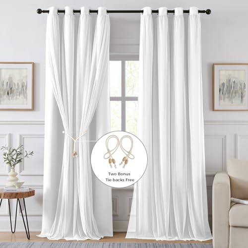White Double Layer Blackout Curtains 52W x 108L Pack of 2 - Room Darkening & Privacy