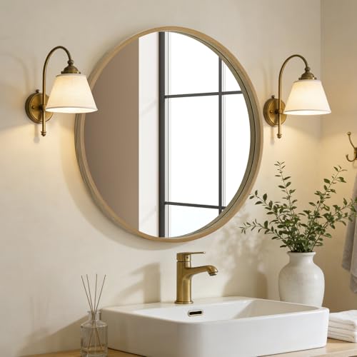 WallBeyond 24-Inch Natural Round Wood Mirror for Bathroom & Living Room Wall Decor