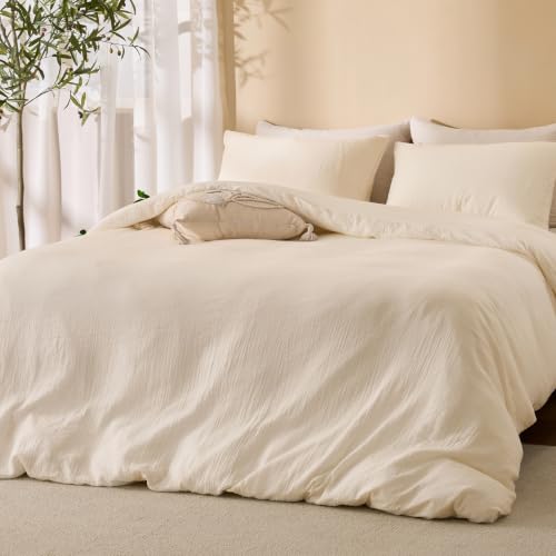 Cream Queen Size Duvet Cover - 100% Sandwashed Cotton, Oeko-Tex Certified, Button & Zipper Closure, Linen-Like Texture, RENEWROOTS
