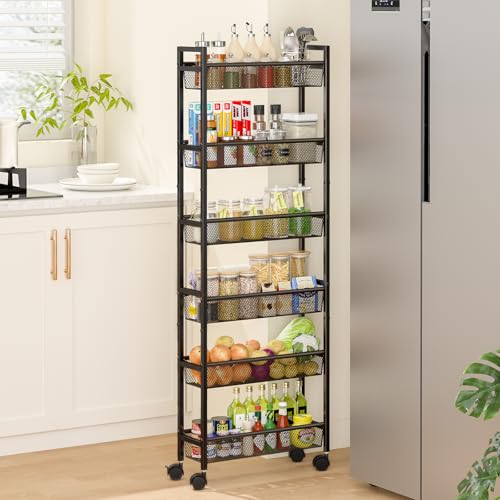 ThreeHio Black 6-Inch Wide 6-Tier Slim Metal Storage Cart with Wheels