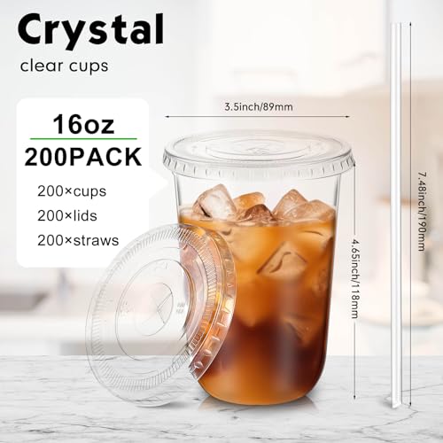 Ziliny 200 Sets 16 oz Clear Plastic Cups with Lids & Straws for Cold Drinks