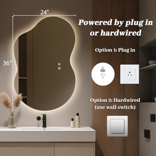 36x24 Inch WallBeyond Irregular LED Bathroom Mirror with Dimmable Lights, Anti-Fog, Dual Mounting