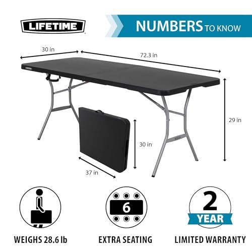 Lifetime 6-Foot Folding Table - Light Commercial, Indoor & Outdoor Use, Black