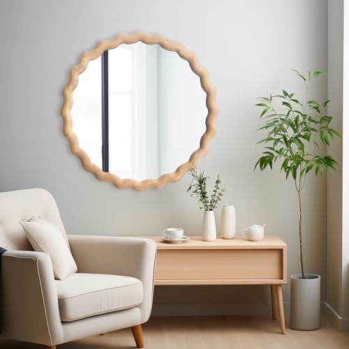 24-Inch Light Brown Wooden Wall Mirror with Scalloped Wavy Frame - Bathroom & Nursery Decor
