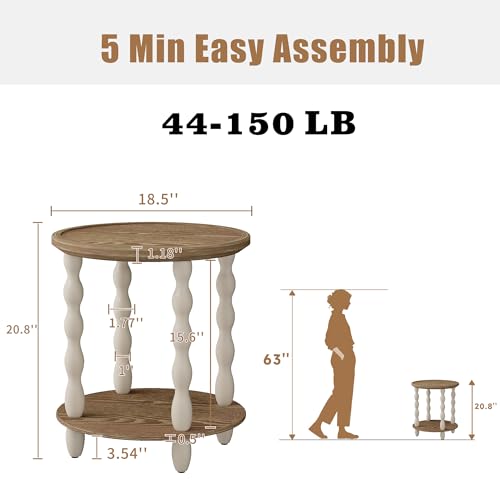 Karlott 18.5-Inch Round 2-Tier Farmhouse Side Table - Beige, Vintage Finish