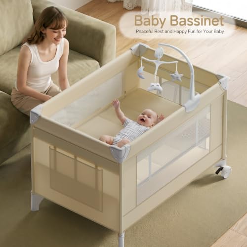 Wnttmt 4-in-1 Baby Bassinet & Bedside Sleeper with Diaper Changer - Beige