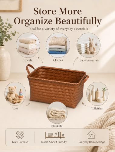 Rectangle Brown Wicker Storage Baskets 4 Pack with Vegan Leather Handles - Organizers for Shelves and Closets